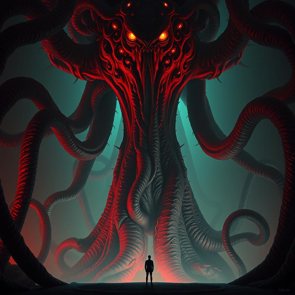 A Lovecraftian flesh god, its body a mass of moving, pulsating crimson flesh, towers ominously overhead, casting a grotesque shadow