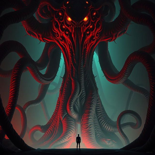 A Lovecraftian flesh god, its body a mass of moving, pulsating crimson flesh, towers ominously overhead, casting a grotesque shadow