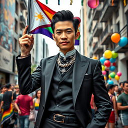 A modern interpretation of José Rizal, depicted as a stylish figure with colorful slay nails, confidently holding an LGBTQ++ flag