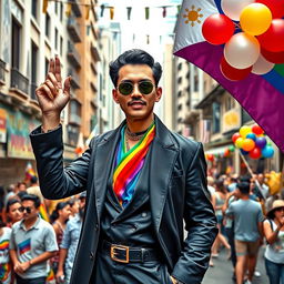 A modern interpretation of José Rizal, depicted as a stylish figure with colorful slay nails, confidently holding an LGBTQ++ flag