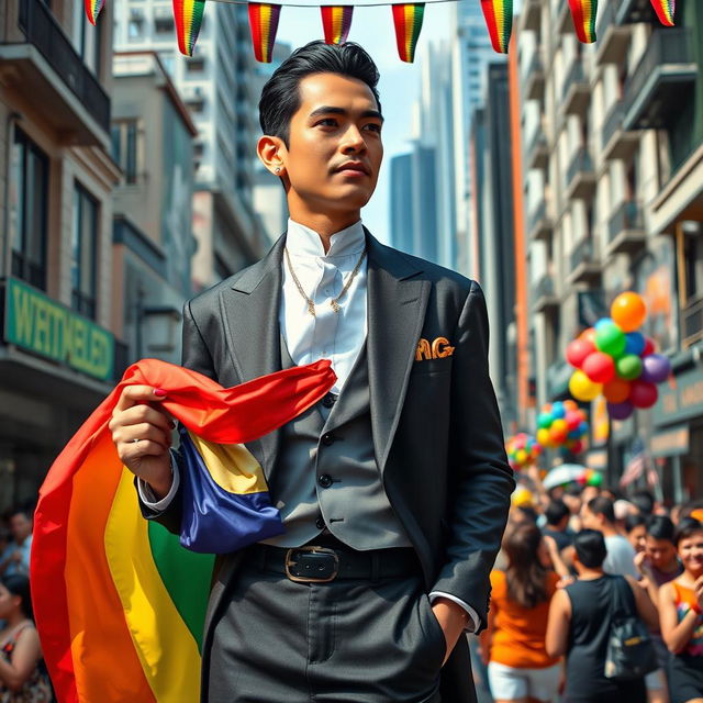 A modern interpretation of José Rizal, depicted as a stylish figure with colorful slay nails, confidently holding an LGBTQ++ flag