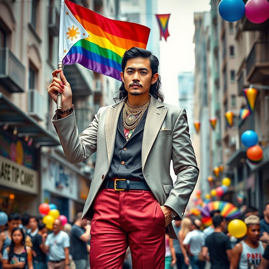 A modern interpretation of José Rizal, depicted as a stylish figure with colorful slay nails, confidently holding an LGBTQ++ flag