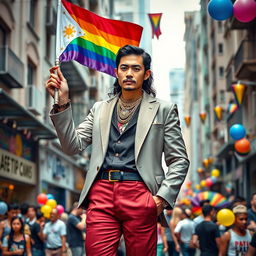 A modern interpretation of José Rizal, depicted as a stylish figure with colorful slay nails, confidently holding an LGBTQ++ flag