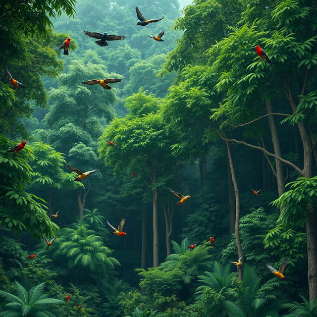 A dense forest scene with lush green trees, colorful birds flying around, and animals joyfully roaming