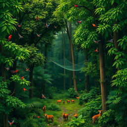 A dense forest scene with lush green trees, colorful birds flying around, and animals joyfully roaming