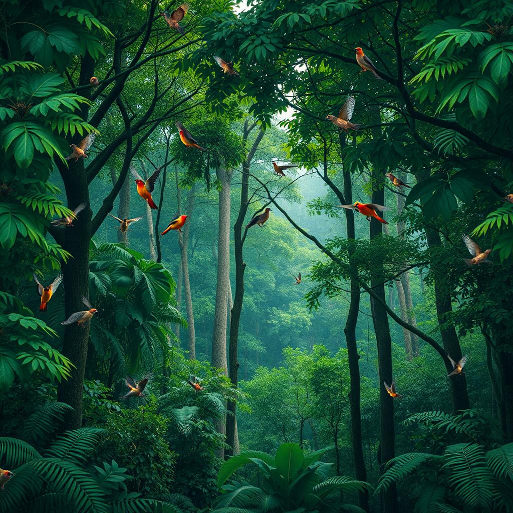 A dense forest scene with lush green trees, colorful birds flying around, and animals joyfully roaming