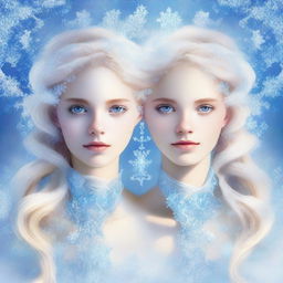 A visually striking digital art piece depicting two beautiful 18-year-old twins symbolizing unity and duality