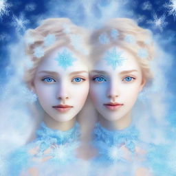 A visually striking digital art piece depicting two beautiful 18-year-old twins symbolizing unity and duality