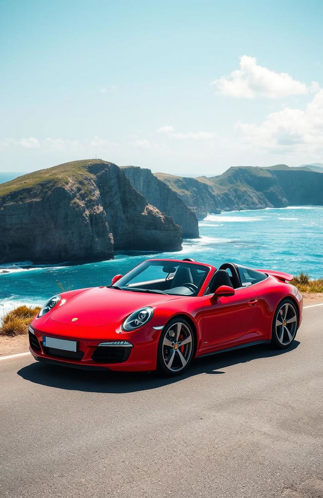 A sleek and powerful Porsche sports car parked on a scenic coastal road