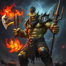 A powerful male orc fighter clad in shining chainmail armor, showcasing his muscular physique