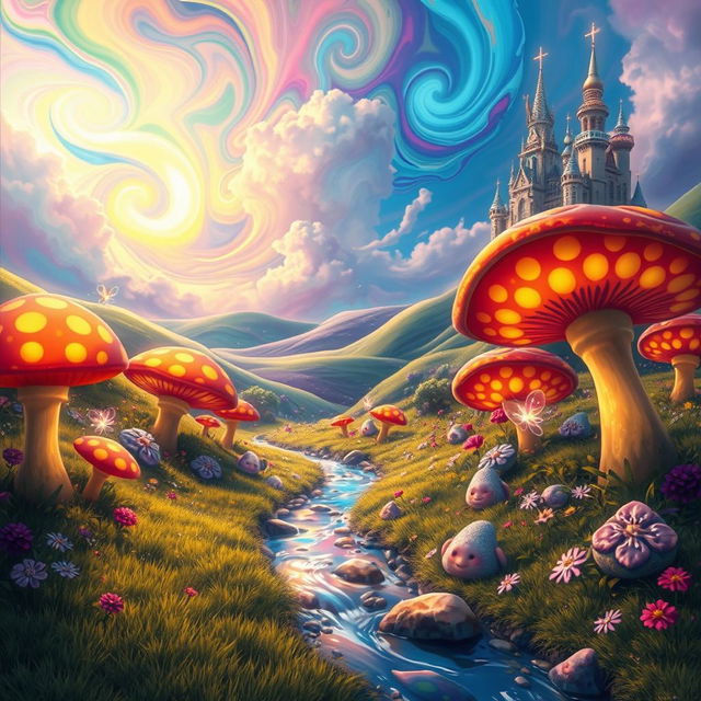 A vibrant and colorful fantasy landscape filled with oversized, fantastical plants and whimsical creatures