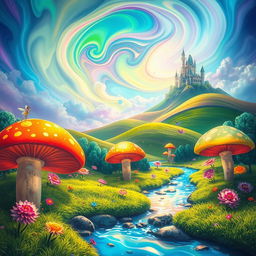 A vibrant and colorful fantasy landscape filled with oversized, fantastical plants and whimsical creatures