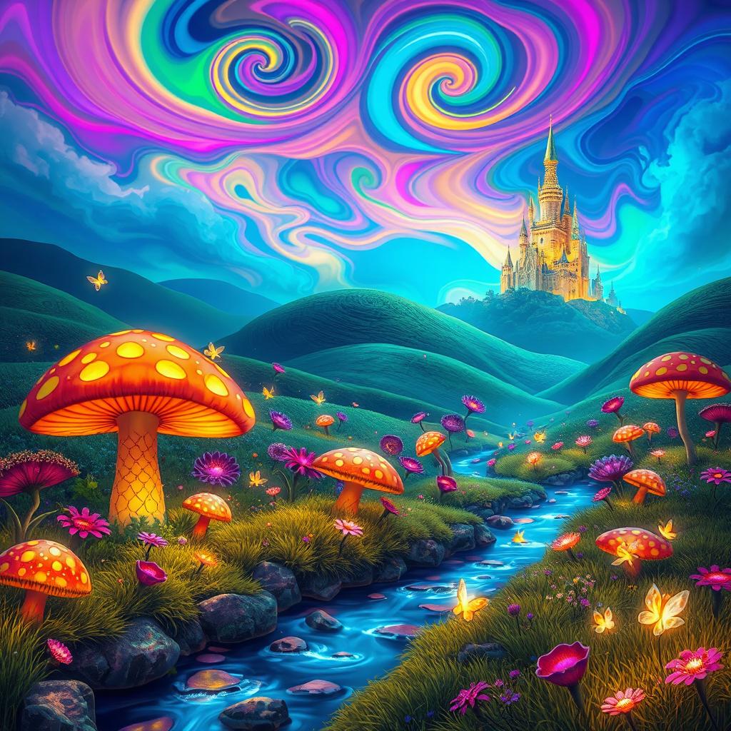 A vibrant and colorful fantasy landscape filled with oversized, fantastical plants and whimsical creatures