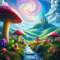 A vibrant and colorful fantasy landscape filled with oversized, fantastical plants and whimsical creatures