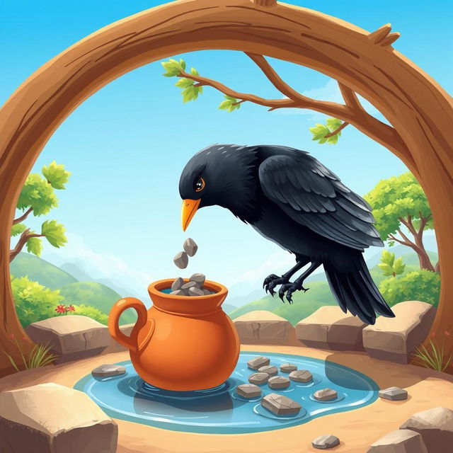 A beautiful illustration depicting the story of a thirsty crow