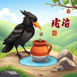 A beautiful illustration depicting the story of a thirsty crow
