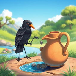 A beautiful illustration depicting the story of a thirsty crow