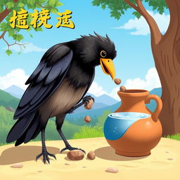 A beautiful illustration depicting the story of a thirsty crow