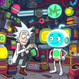 A colorful cartoon scene featuring characters inspired by 'Rick and Morty' interacting with a futuristic AI assistant, ChatGPT