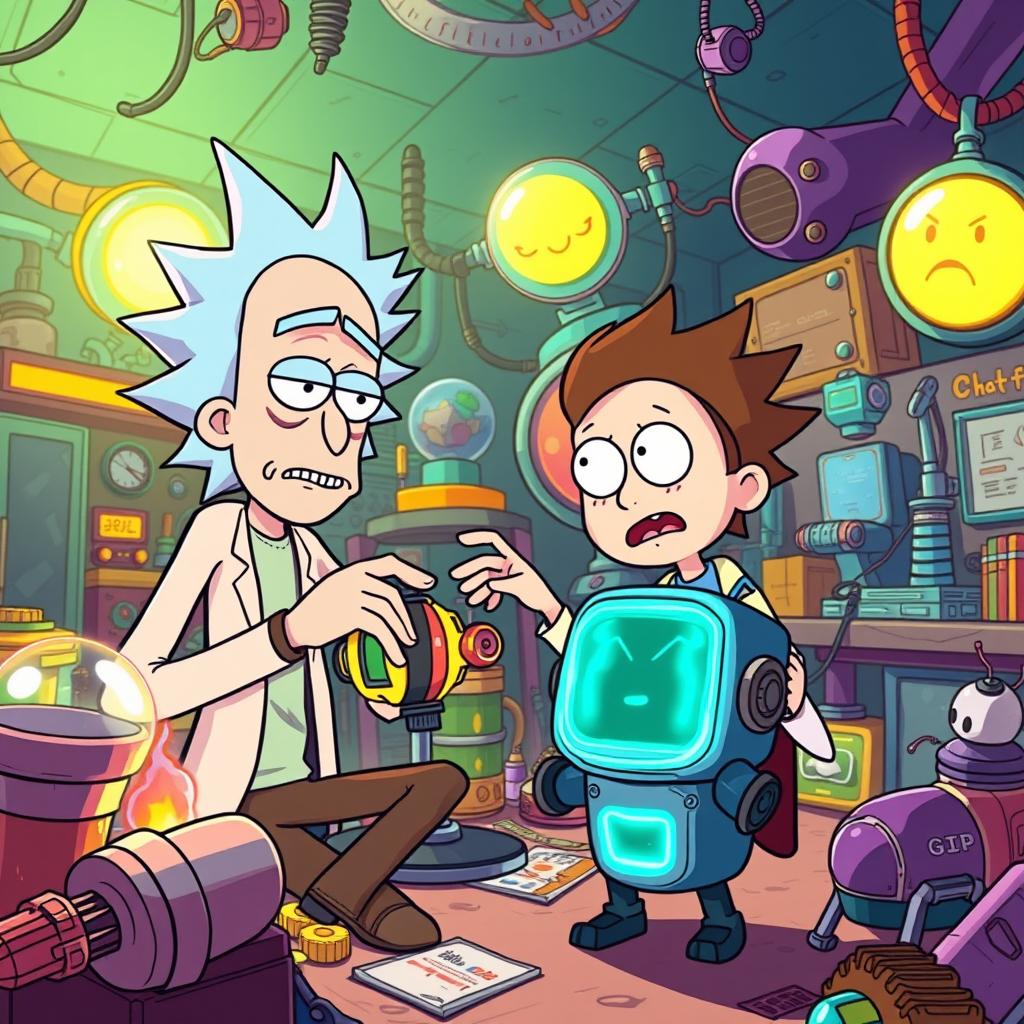 A colorful cartoon scene featuring characters inspired by 'Rick and Morty' interacting with a futuristic AI assistant, ChatGPT