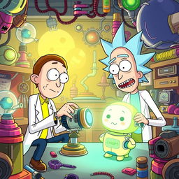 A colorful cartoon scene featuring characters inspired by 'Rick and Morty' interacting with a futuristic AI assistant, ChatGPT