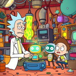 A colorful cartoon scene featuring characters inspired by 'Rick and Morty' interacting with a futuristic AI assistant, ChatGPT