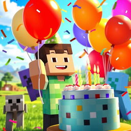 A vibrant Minecraft character celebrating his birthday, surrounded by colorful balloons and a large cake with candles