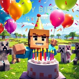 A vibrant Minecraft character celebrating his birthday, surrounded by colorful balloons and a large cake with candles