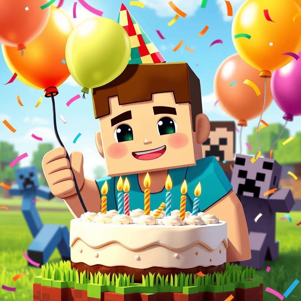 A vibrant Minecraft character celebrating his birthday, surrounded by colorful balloons and a large cake with candles