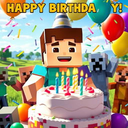 A vibrant Minecraft character celebrating his birthday, surrounded by colorful balloons and a large cake with candles