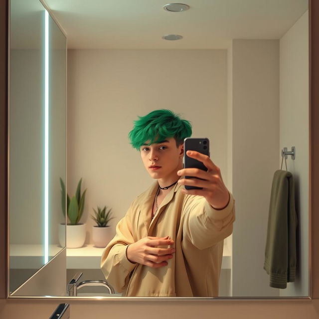 An ultra-realistic aesthetic mirror selfie of an 18-year-old guy with striking green hair