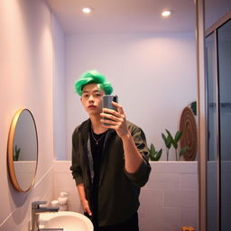 An ultra-realistic aesthetic mirror selfie of an 18-year-old guy with striking green hair