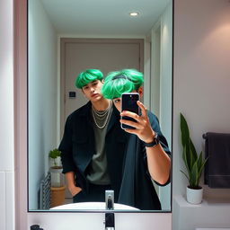 An ultra-realistic aesthetic mirror selfie of an 18-year-old guy with striking green hair