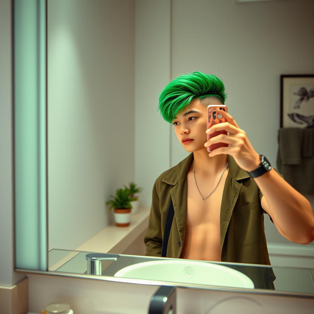 An ultra-realistic aesthetic mirror selfie of an 18-year-old guy with striking green hair