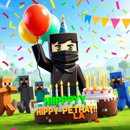 A vibrant Minecraft character named Ninja Playz celebrating his birthday