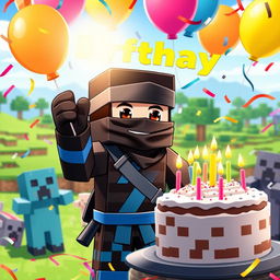 A vibrant Minecraft character named Ninja Playz celebrating his birthday