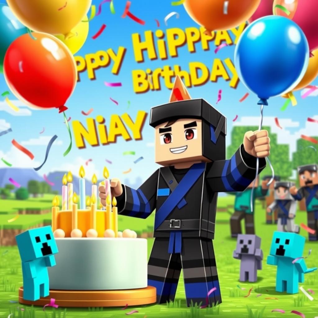 A vibrant Minecraft character named Ninja Playz celebrating his birthday