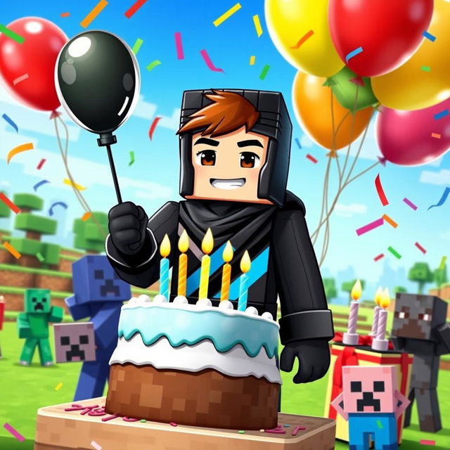 A vibrant Minecraft character named Ninja Playz celebrating his birthday