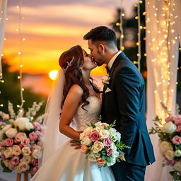 A lovely couple in an intimate moment, sharing a tender kiss as newlyweds