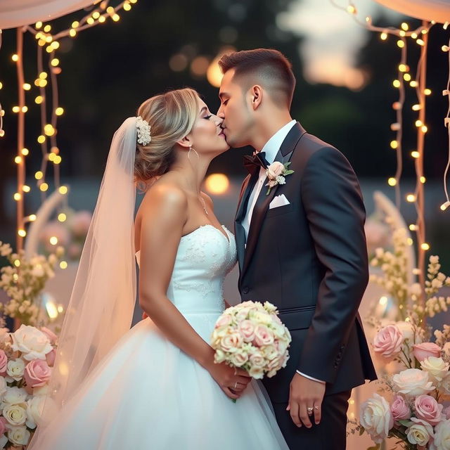 A lovely couple in an intimate moment, sharing a tender kiss as newlyweds