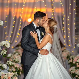 A lovely couple in an intimate moment, sharing a tender kiss as newlyweds
