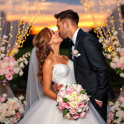 A lovely couple in an intimate moment, sharing a tender kiss as newlyweds