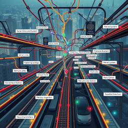 An artistic illustration of a complex subway system, where the subway lines and routes represent the intricate pathways of the nervous system