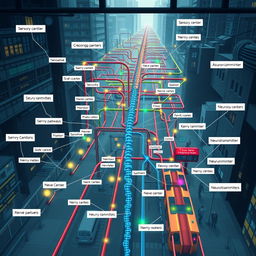 An artistic illustration of a complex subway system, where the subway lines and routes represent the intricate pathways of the nervous system