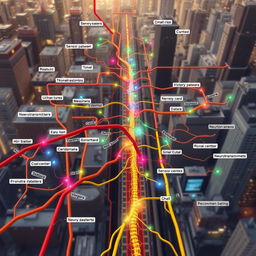 An artistic illustration of a complex subway system, where the subway lines and routes represent the intricate pathways of the nervous system