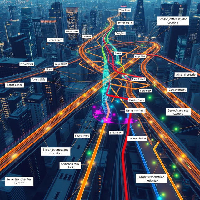 An artistic illustration of a complex subway system, where the subway lines and routes represent the intricate pathways of the nervous system