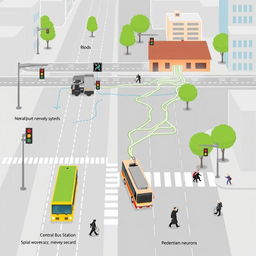 Illustration of a simplified urban transport system compared to the human nervous system