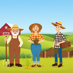 A group of simple and relatable farmer characters, each uniquely designed, engaging with traditional farming tools