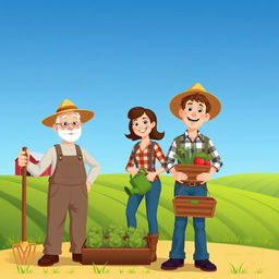 A group of simple and relatable farmer characters, each uniquely designed, engaging with traditional farming tools