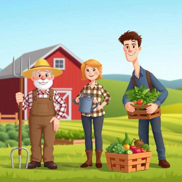 A group of simple and relatable farmer characters, each uniquely designed, engaging with traditional farming tools